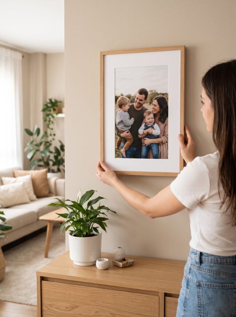 Mujer colgando en la pared de su salón un cuadro personalizado de 30x40 cm con foto familiar y marco de madera de roble con paspartú.